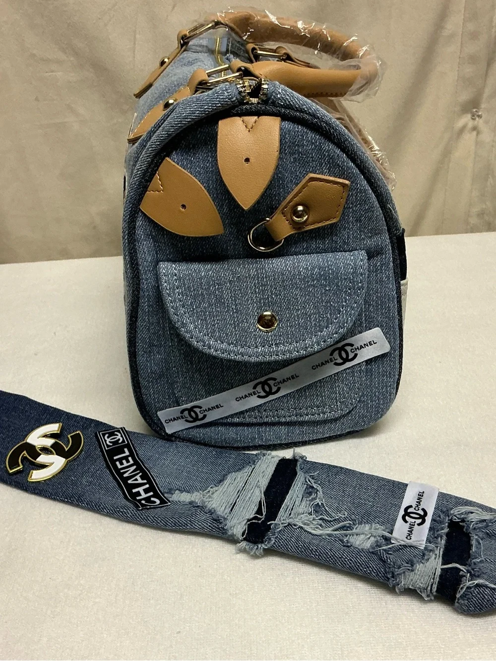 Original Denim Patch Satchel Bag with Beige Accents
